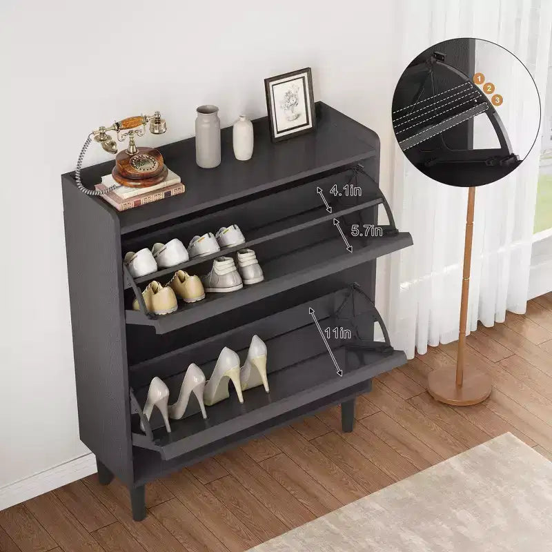 Tipping & Dump Bucket Shoe Rack, Multi-Color, Natural Wood / Gray / Black, for 2–6 People