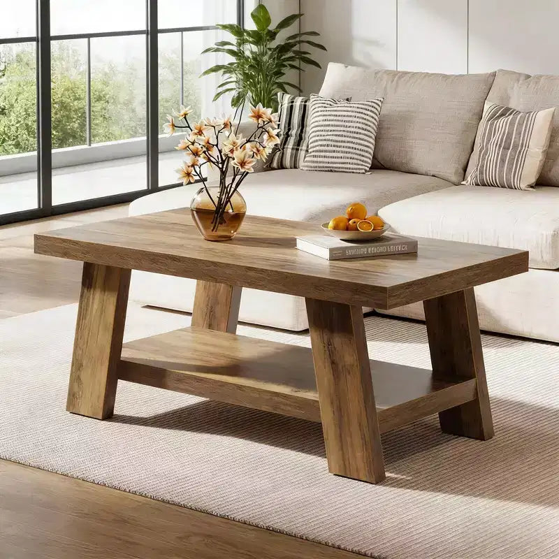 GDFStudio Alidia Farmhouse Wood Coffee Table with 2-Tier Storage Shelf