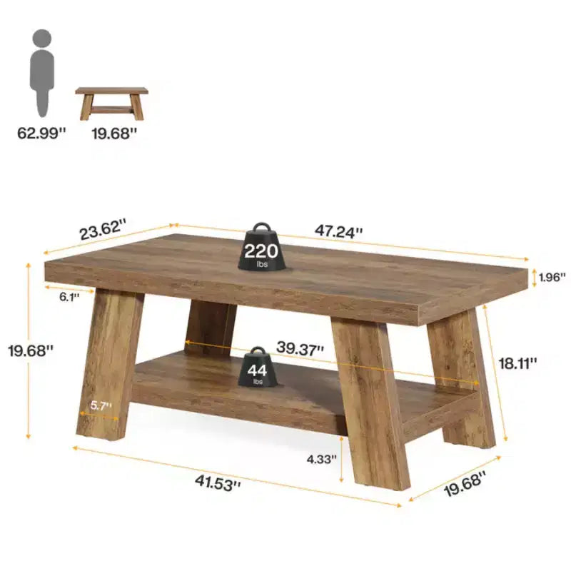 Brown Rectangle Coffee Table with 2-Tier Open Shelf, 1 Piece