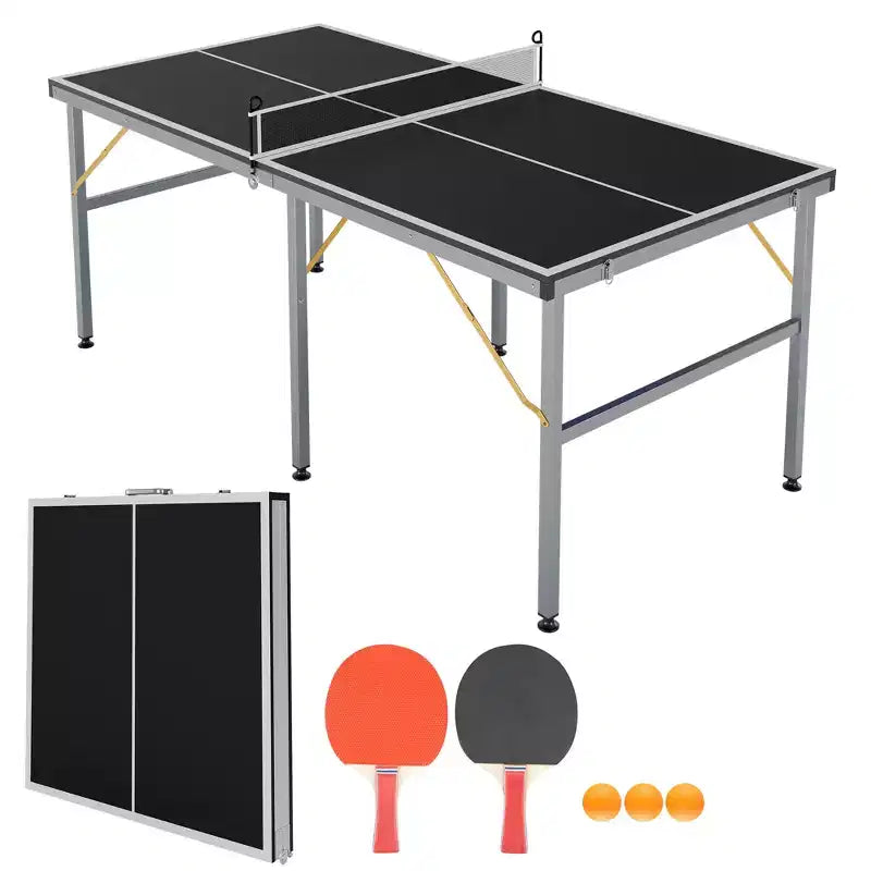 Portable Ping Pong Table, 6X3 ft Indoor/Outdoor Table Tennis Table with Net, 2 Paddles & 3 Balls, Foldable Midsize Design for Adults & Teens