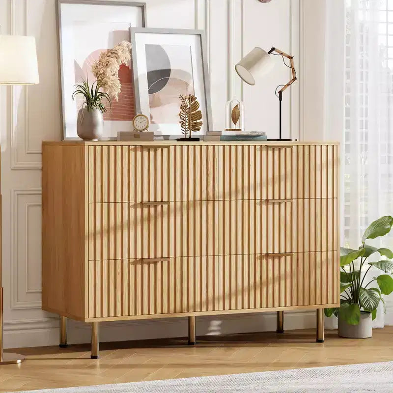 White / Black / Gray / Green Fluted 6-Drawer Wood Dresser