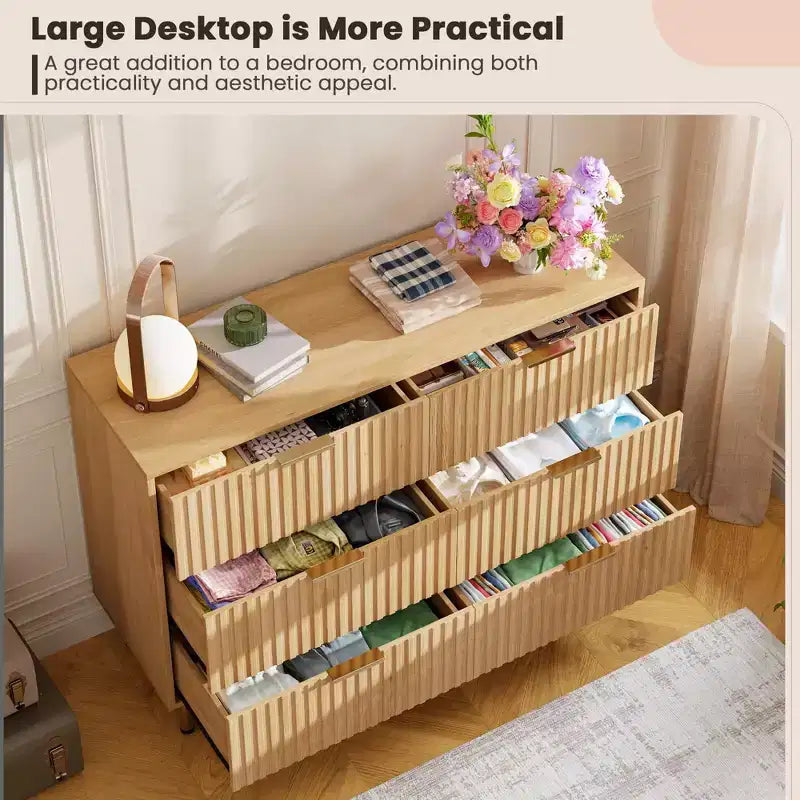 White / Black / Gray / Green Fluted 6-Drawer Wood Dresser