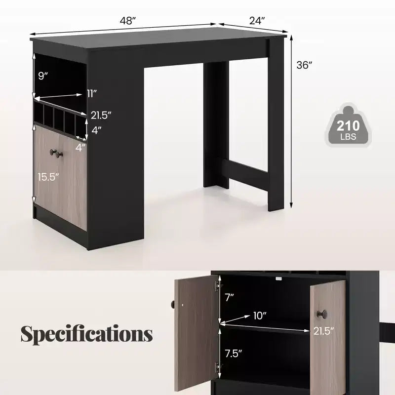 Black Counter-Height Bar Table with Storage, Seats 2