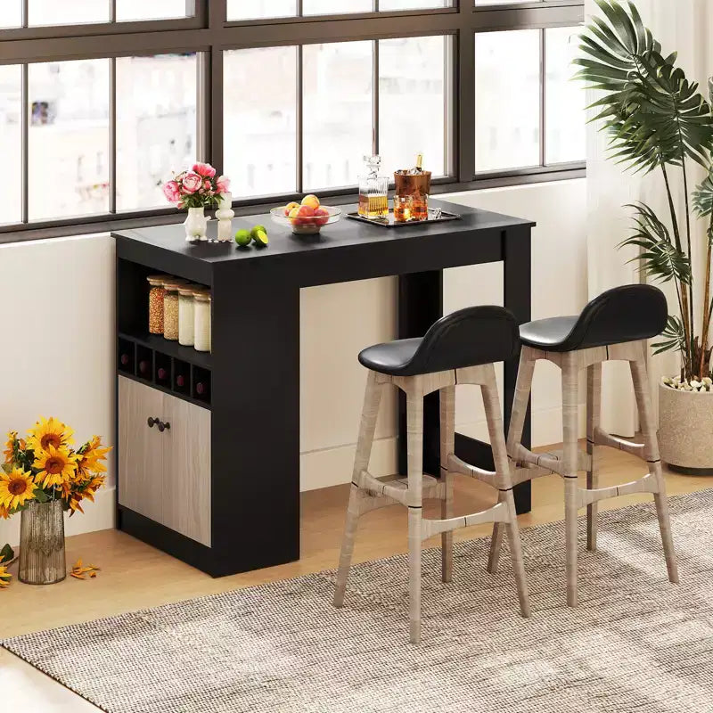 Black Counter-Height Bar Table with Storage, Seats 2