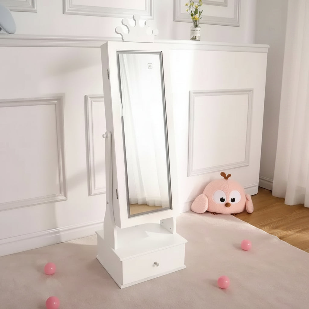 Jewelry Cabinet with Full-Length Mirror, Freestanding Storage Mirror with Drawers, Vanity Dress Up Mirror with Jewelry Organizer, for Gifts, White