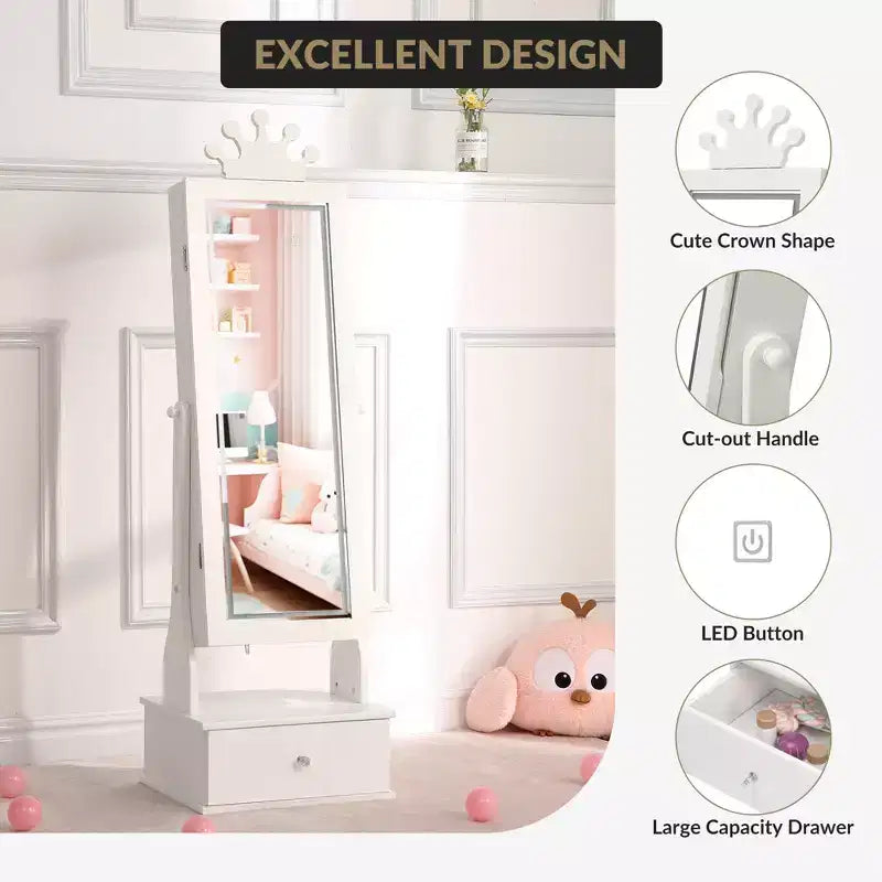 White LED Mirror Jewelry Armoire for Kids – 3 Drawers