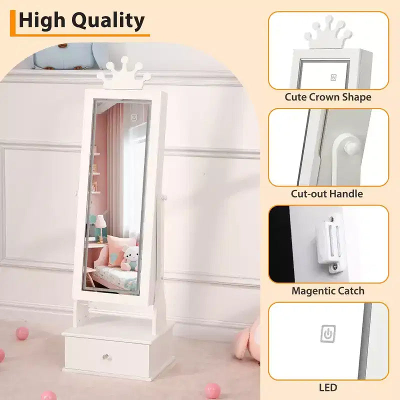 White LED Mirror Jewelry Armoire for Kids – 3 Drawers