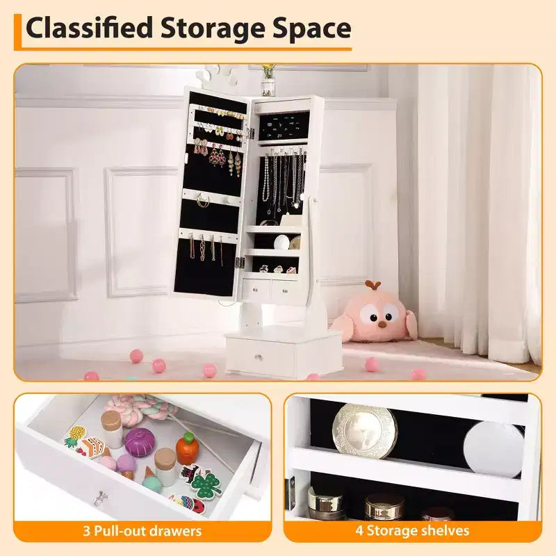 White LED Mirror Jewelry Armoire for Kids – 3 Drawers