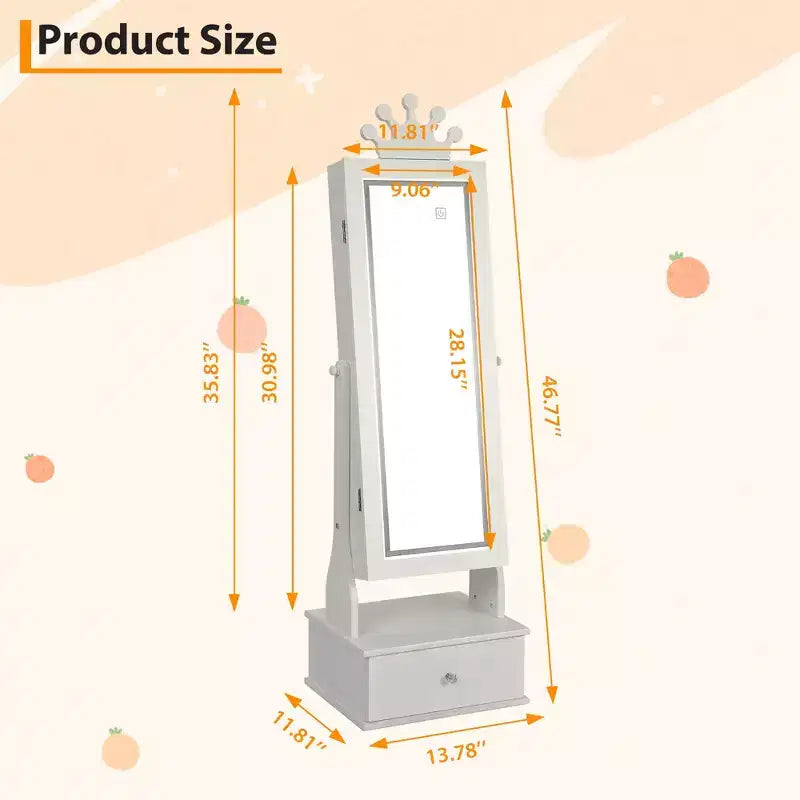 White LED Mirror Jewelry Armoire for Kids – 3 Drawers