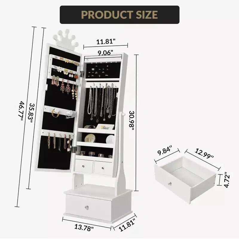 White LED Mirror Jewelry Armoire for Kids – 3 Drawers