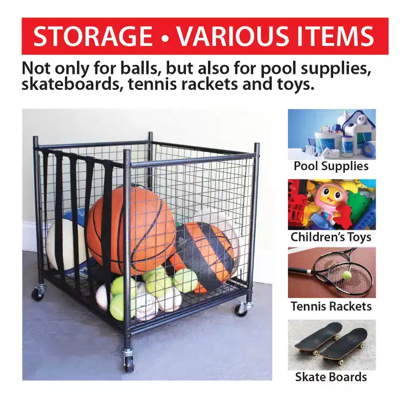 Steel Gray Rolling Sports Ball Storage Cart – For 2–4 People