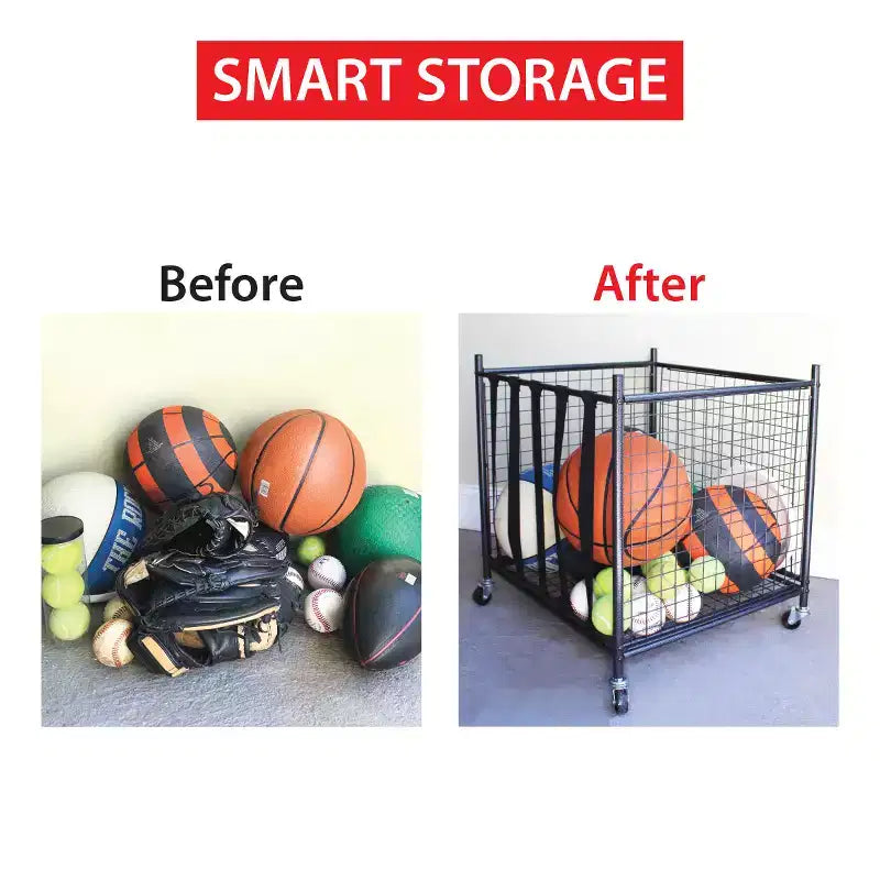 Steel Gray Rolling Sports Ball Storage Cart – For 2–4 People