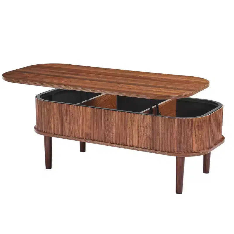 VEVOR 39.4 in Lift Top Coffee Table, Fluted Oval Coffee Table with 3 Hidden Compartment, Mid Century Wooden Oval Center Desk with Storage,Brown