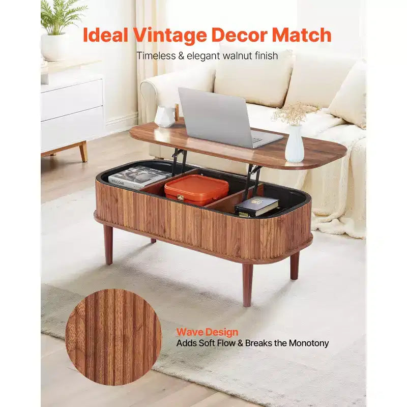 Brown Lift-Top Oval Coffee Table with Hidden Storage – 1 Person