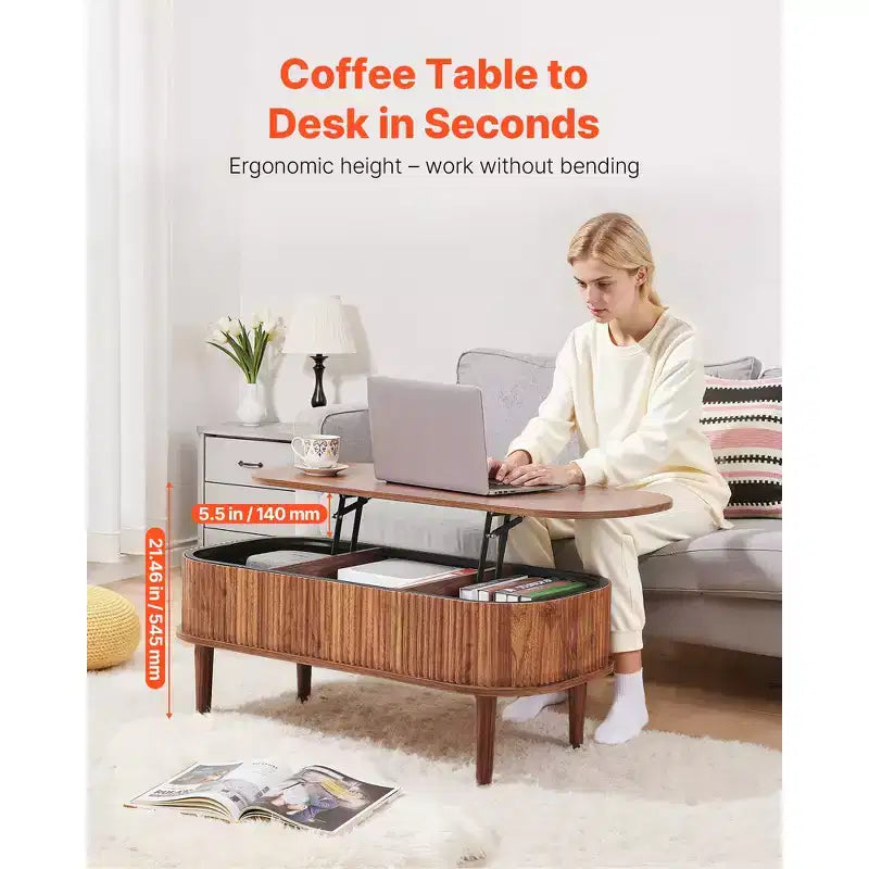 Brown Lift-Top Oval Coffee Table with Hidden Storage – 1 Person