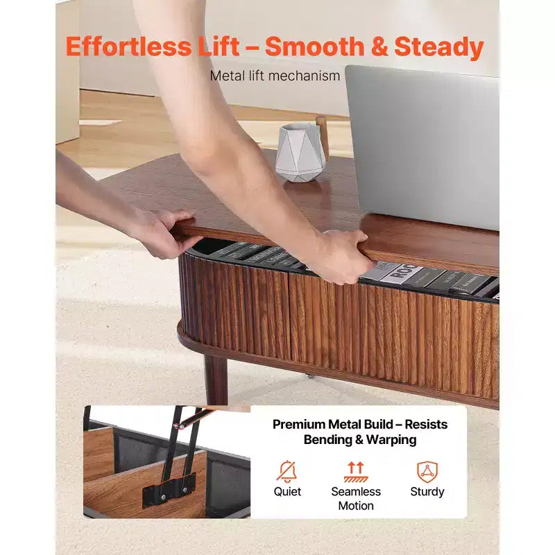 Brown Lift-Top Oval Coffee Table with Hidden Storage – 1 Person