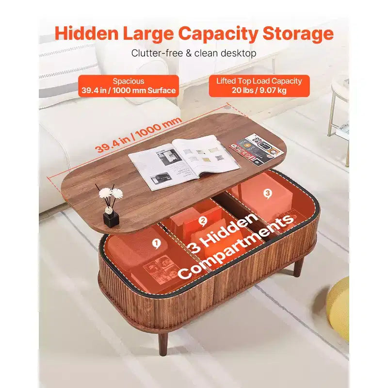 Brown Lift-Top Oval Coffee Table with Hidden Storage – 1 Person