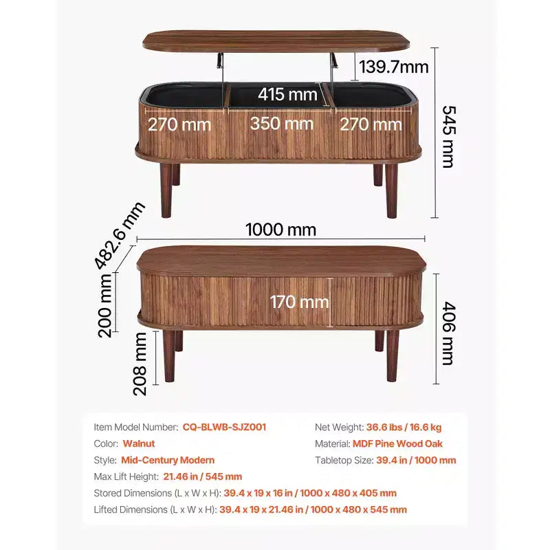 Brown Lift-Top Oval Coffee Table with Hidden Storage – 1 Person