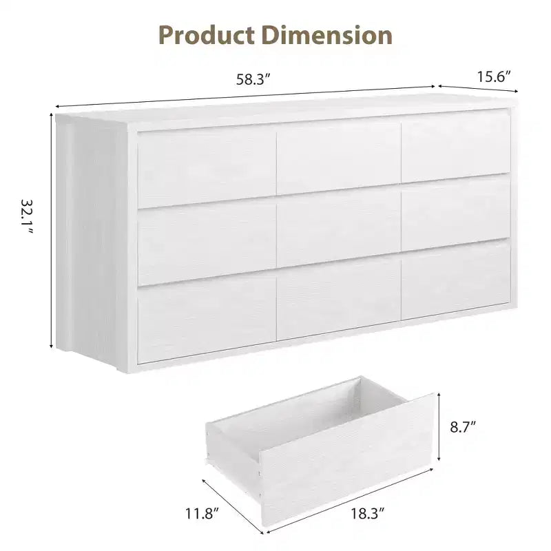 Gray / White 9-Drawer Wide Dresser, Minimalist Style, for 1 Person