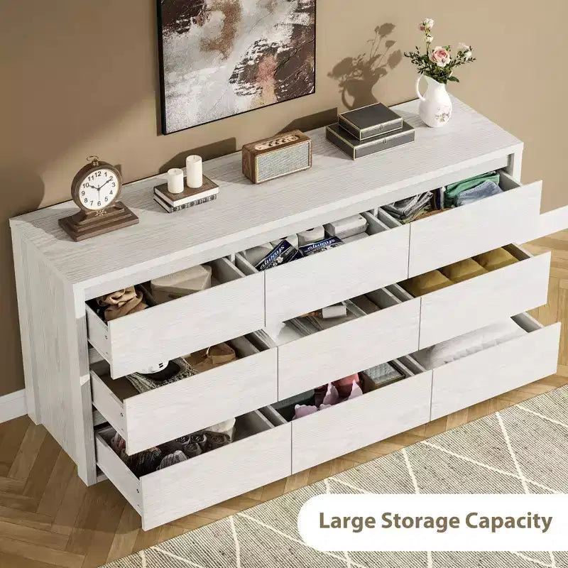 Gray / White 9-Drawer Wide Dresser, Minimalist Style, for 1 Person