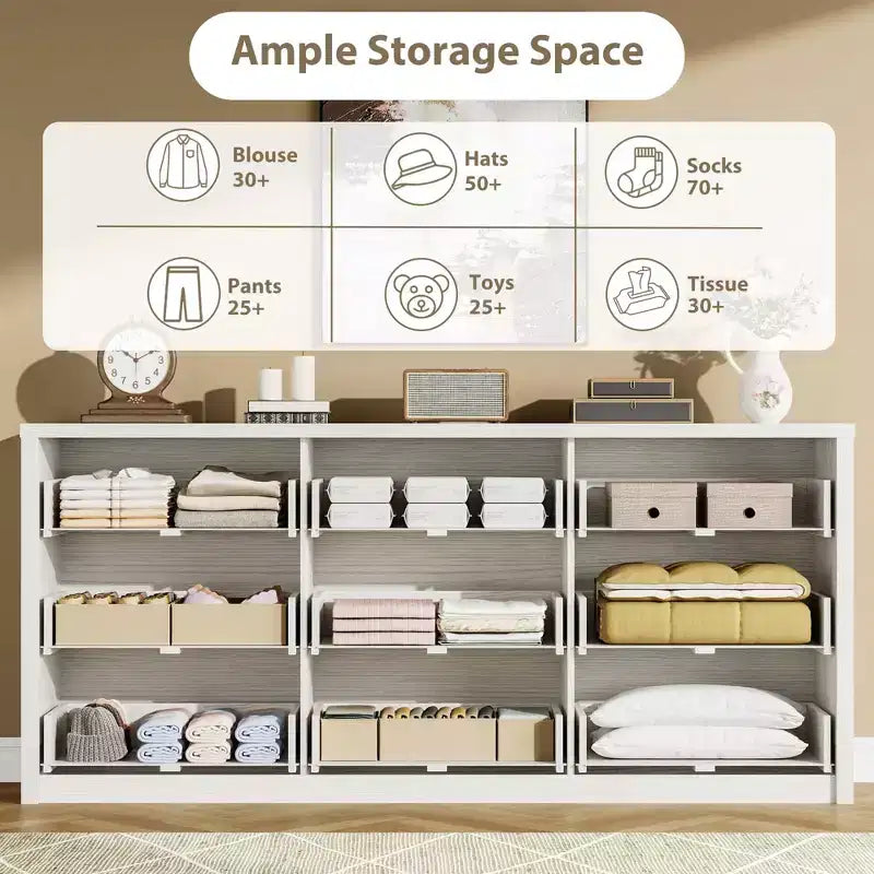 Gray / White 9-Drawer Wide Dresser, Minimalist Style, for 1 Person
