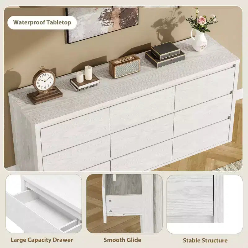 Gray / White 9-Drawer Wide Dresser, Minimalist Style, for 1 Person