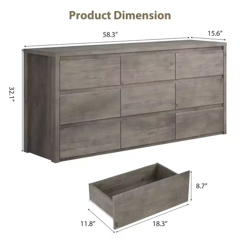 Gray / White 9-Drawer Wide Dresser, Minimalist Style, for 1 Person