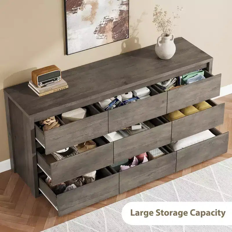 Gray / White 9-Drawer Wide Dresser, Minimalist Style, for 1 Person