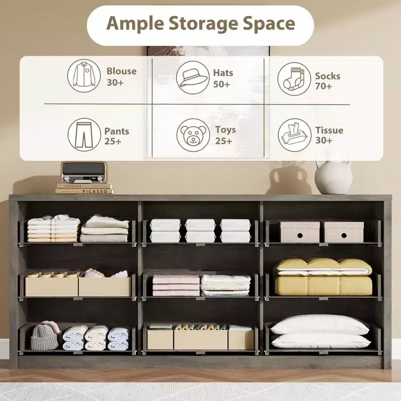 Gray / White 9-Drawer Wide Dresser, Minimalist Style, for 1 Person