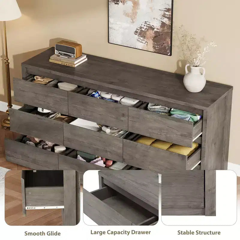Gray / White 9-Drawer Wide Dresser, Minimalist Style, for 1 Person
