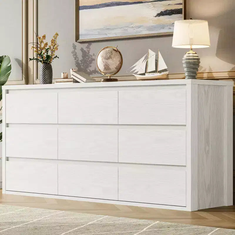 Gray / White 9-Drawer Wide Dresser, Minimalist Style, for 1 Person