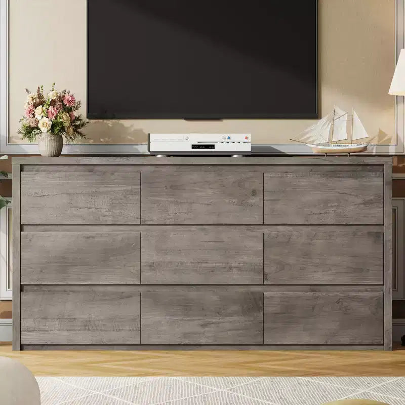 9 Drawer Wooden Dresser for Bedroom - 58 Wide Modern Minimalist Chest of Drawers for Living Room and Hallway Entryway
