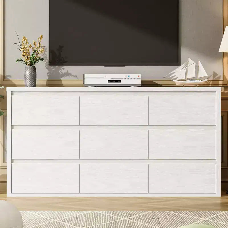 Gray / White 9-Drawer Wide Dresser, Minimalist Style, for 1 Person
