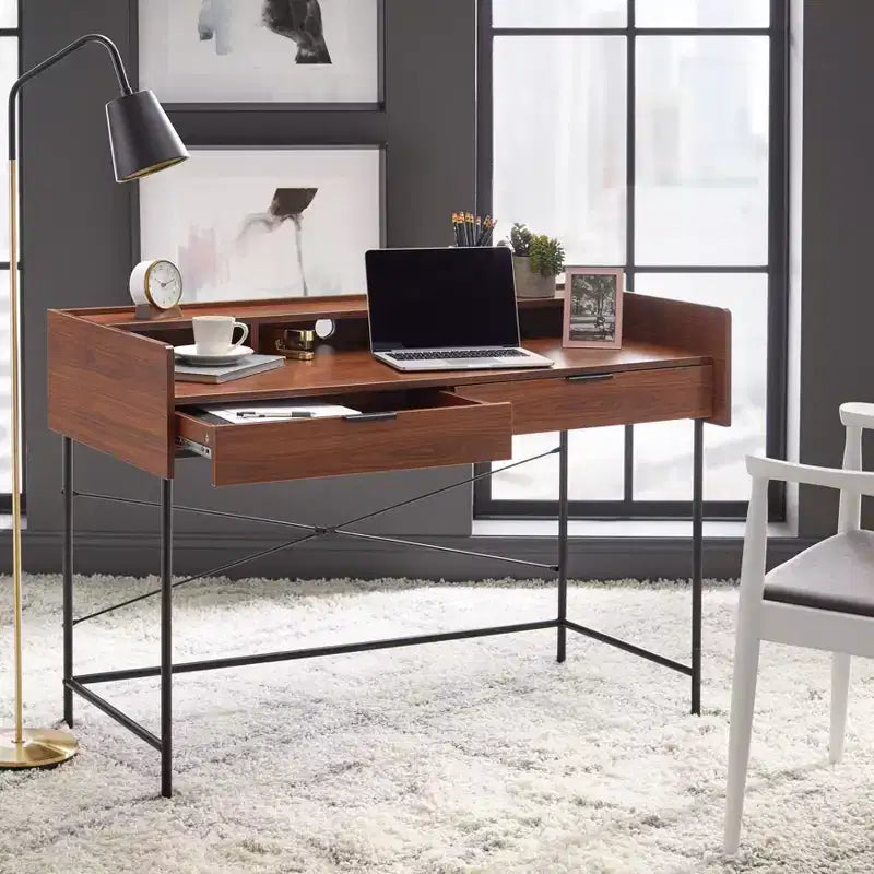 Walnut & Black Metal 2-Drawer Desk with Open Compartments, 1 Person